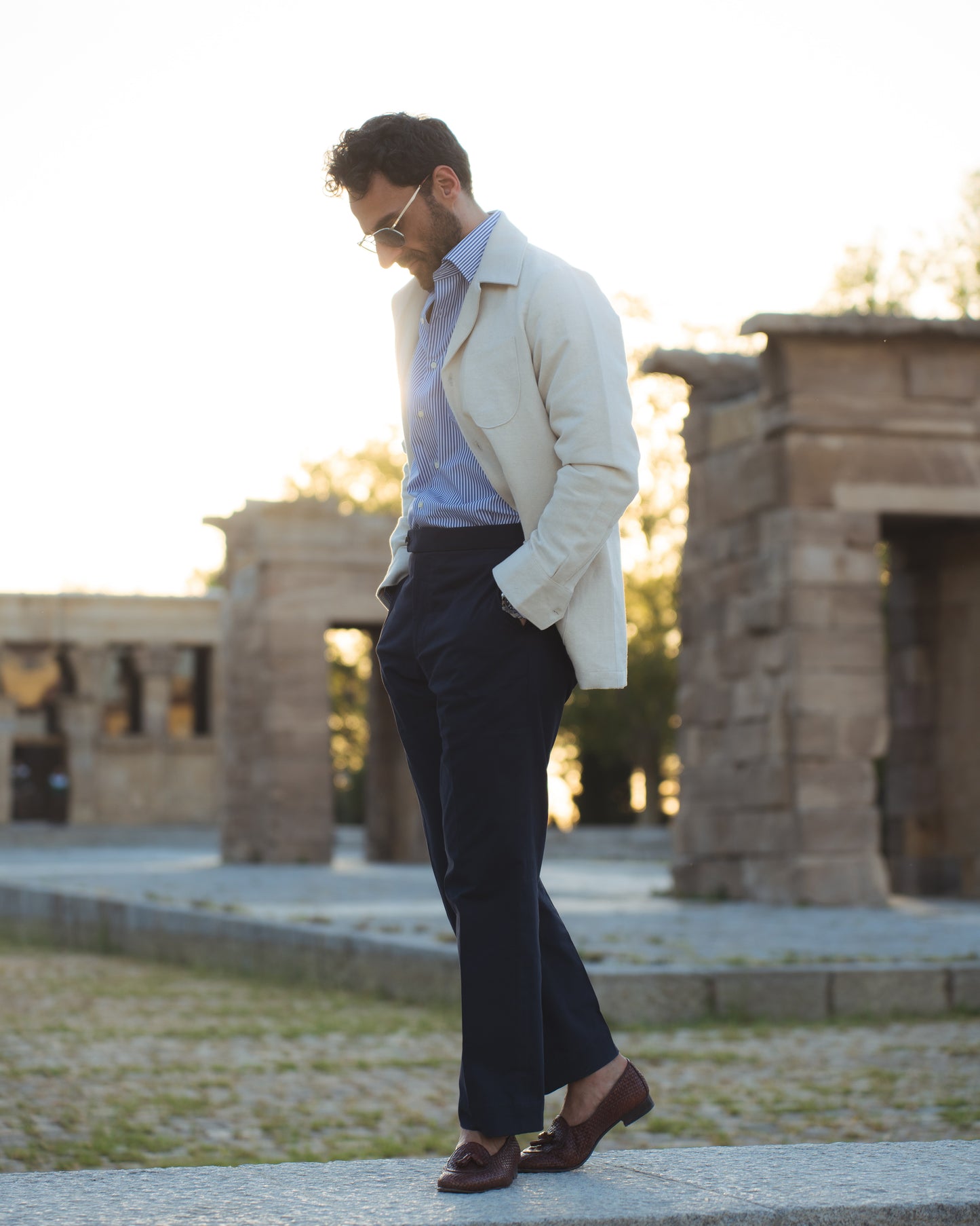 Marineblaue High-Waist-Hose aus Baumwolltwill