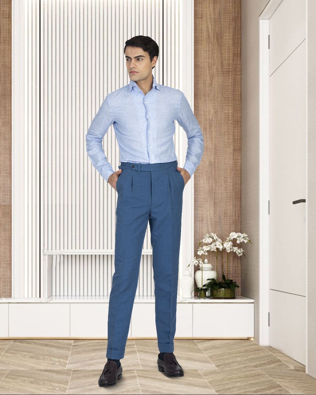 Leinen-Baumwolle: Hellblauer einteiliger Chambray-Kragen
