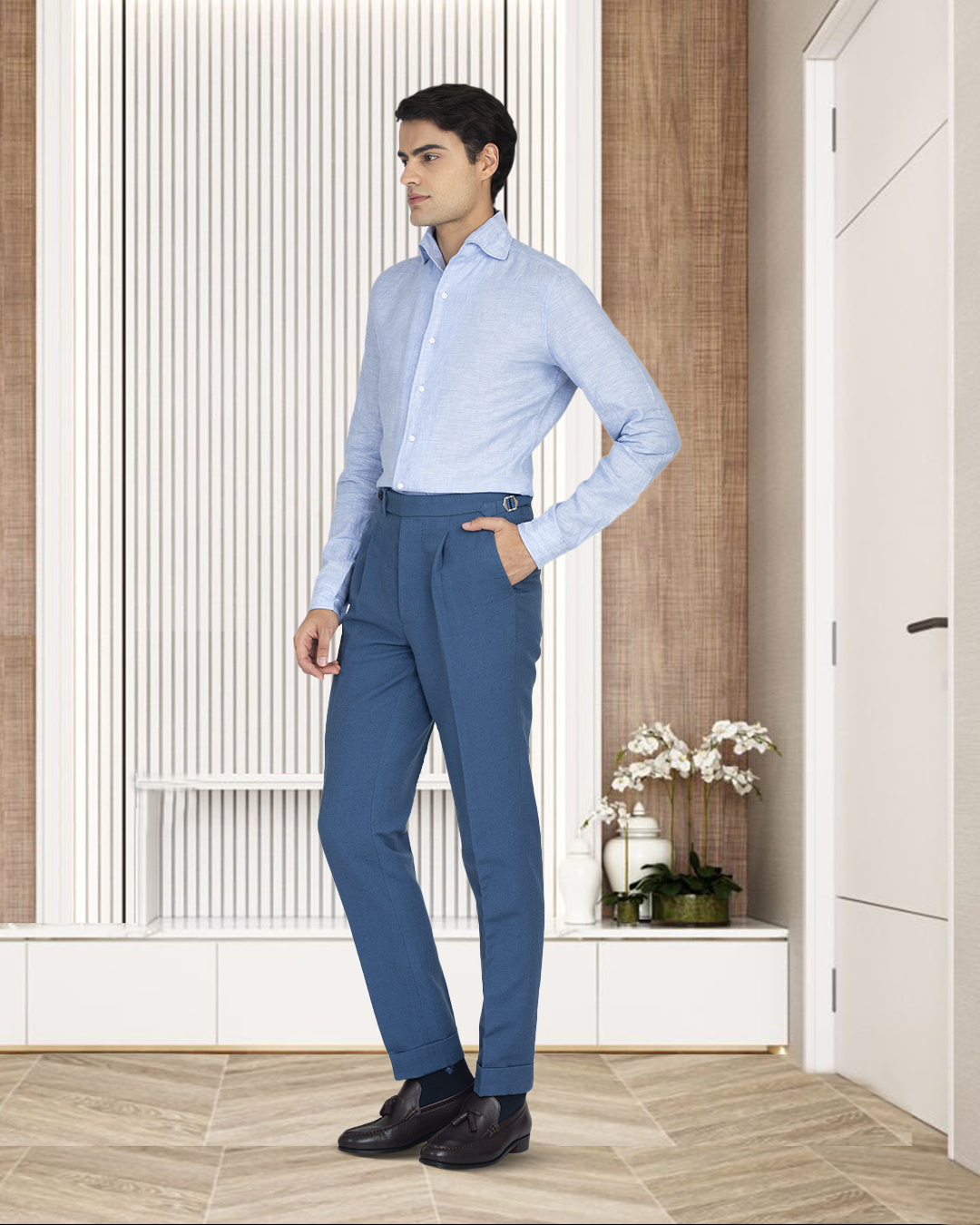 Leinen-Baumwolle: Hellblauer einteiliger Chambray-Kragen