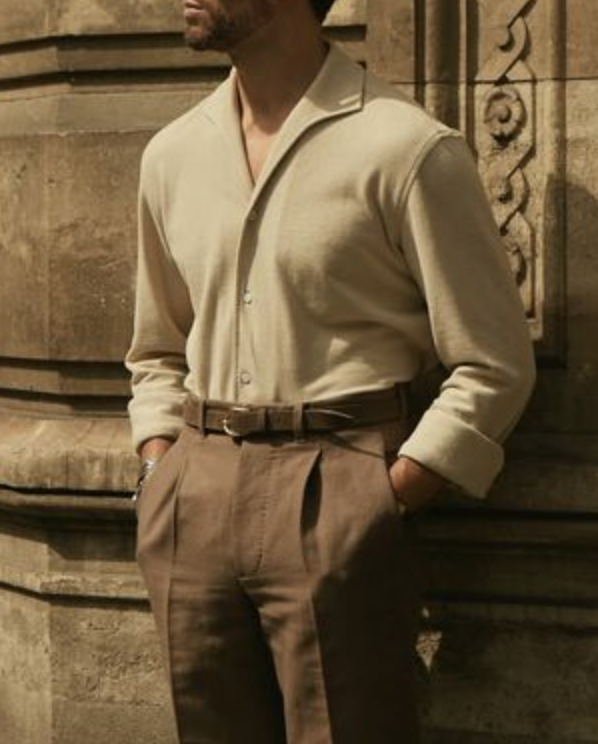 Heidecremefarbenes Polo-T-Shirt aus Leinen-Baumwolle