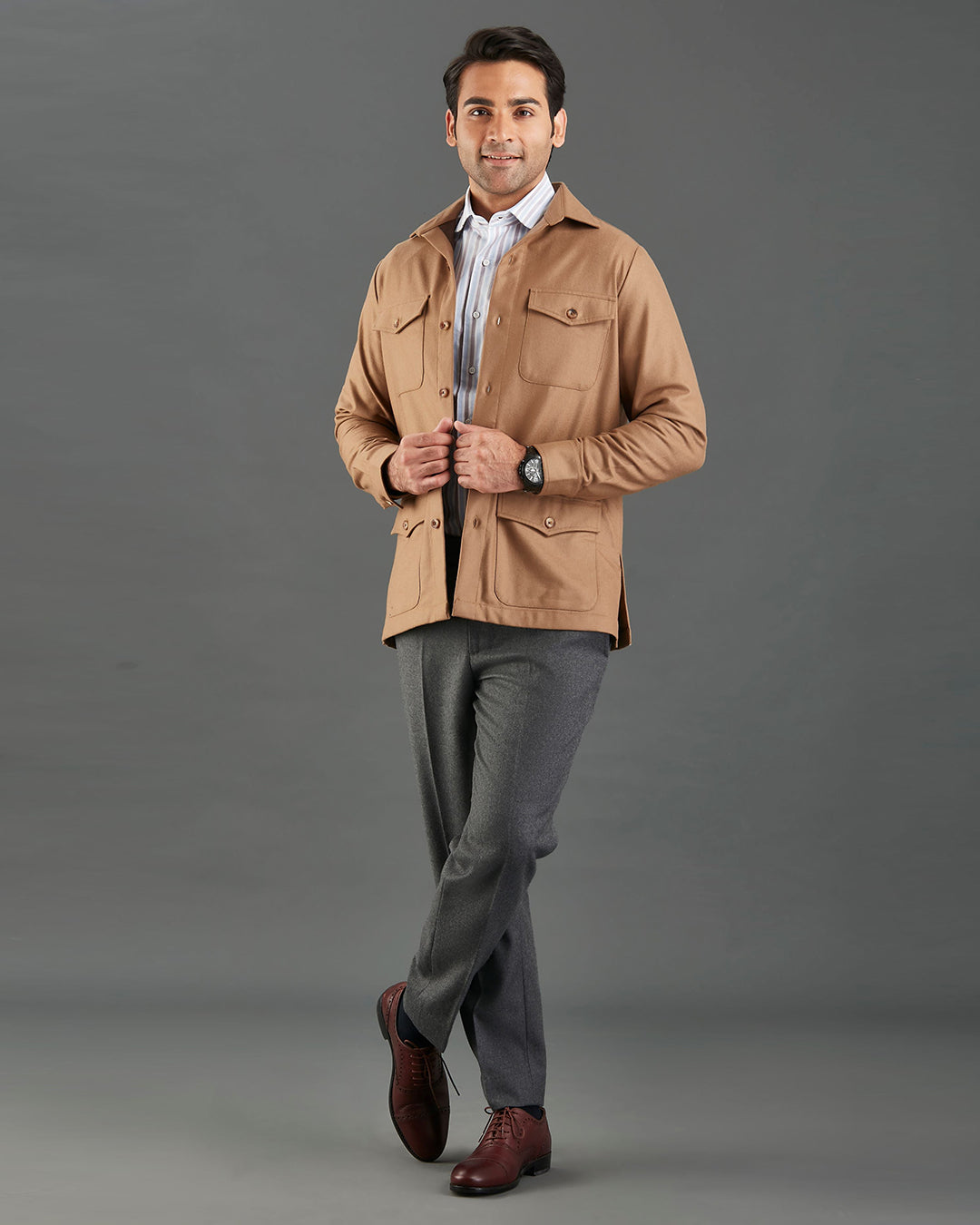 VBC: Sand Woolen Flannel Shirt Jacket