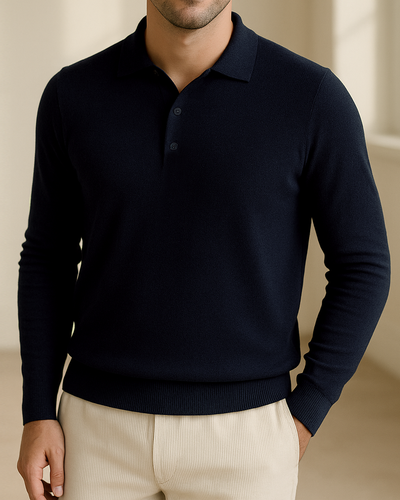 Marineblaues Langarm-Poloshirt aus Merinowolle von EZS