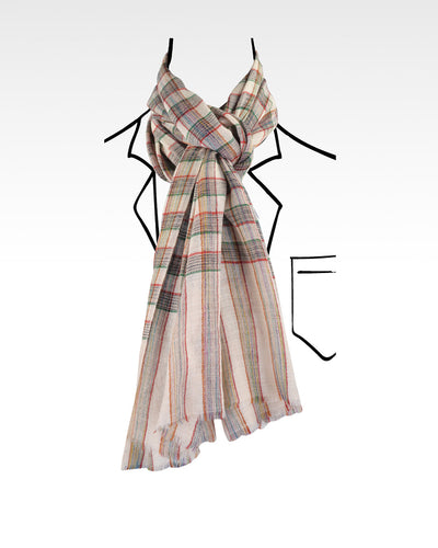Pashmina-Schal aus Kaschmirwolle, cremefarben, rot-grün kariert