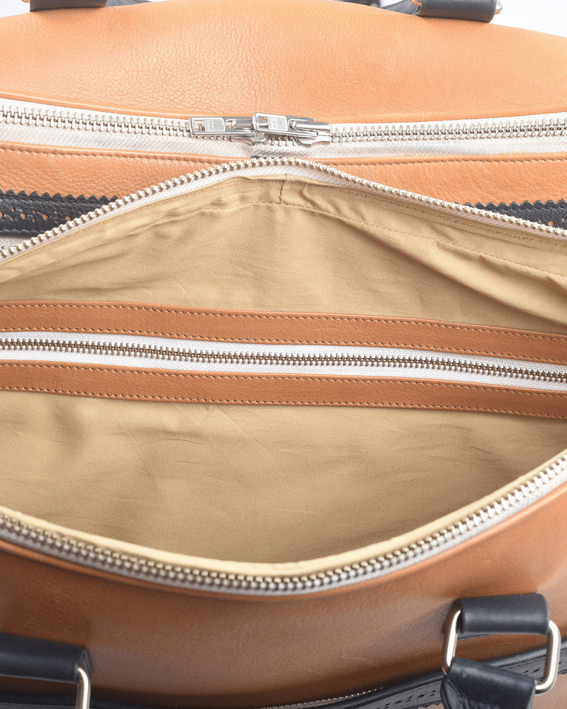 Large Travel Bag in Tan Calf Leather With Navy Trims