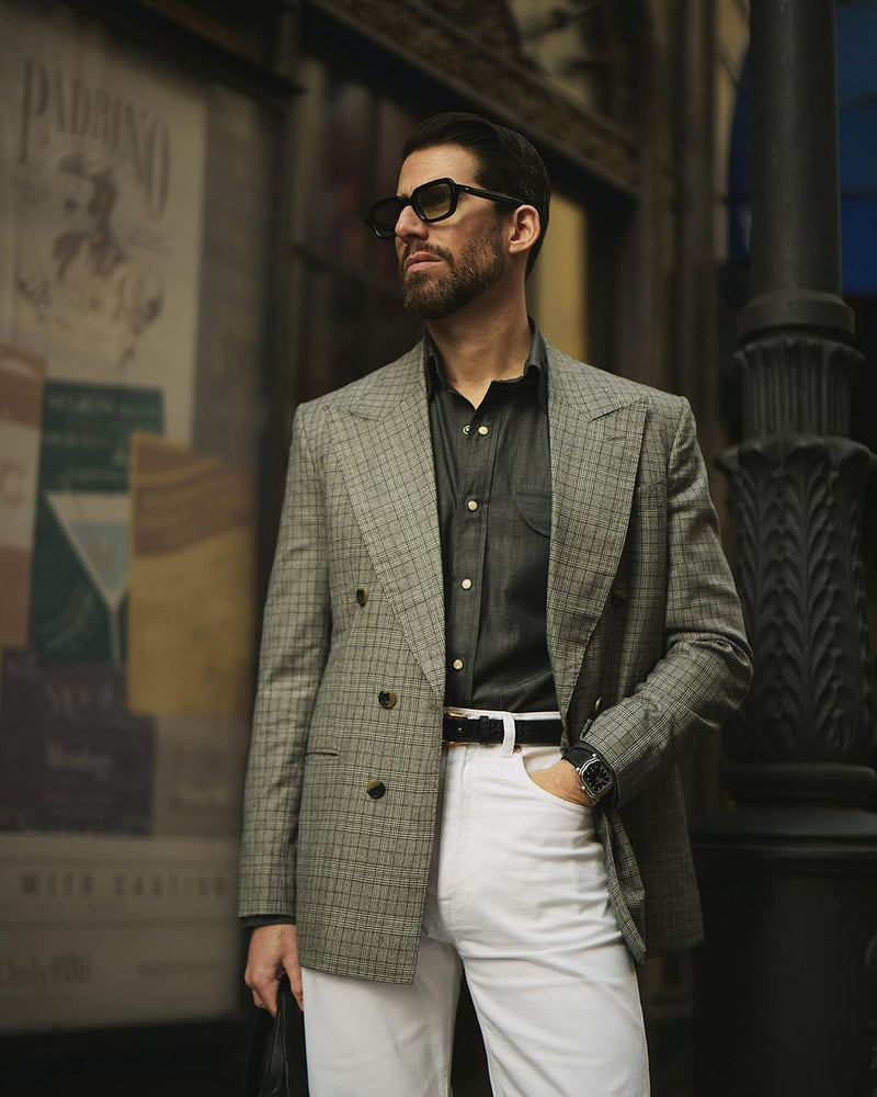 Drapers schwarz-weiß karierte, zweireihige Jacke mit Glen-Plaid-Muster