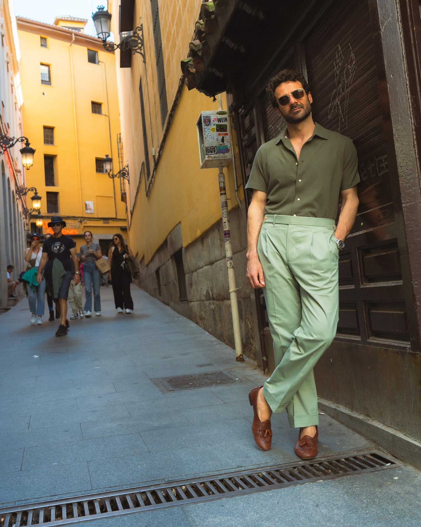 Olive Green Linen Cotton Camp Collar T-Shirt