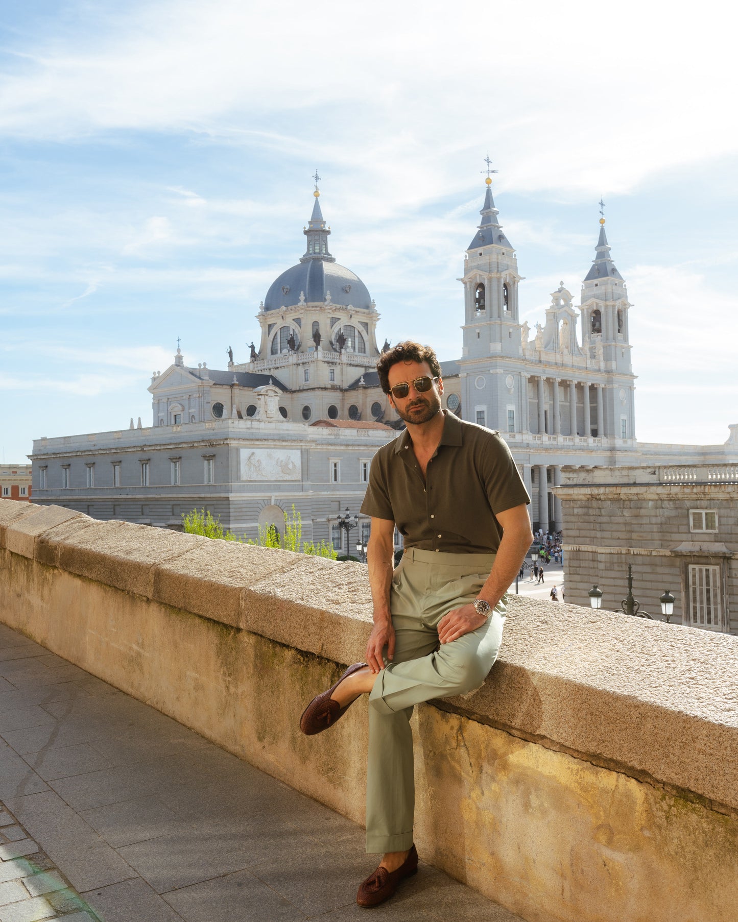 Olive Green Linen Cotton Camp Collar T-Shirt