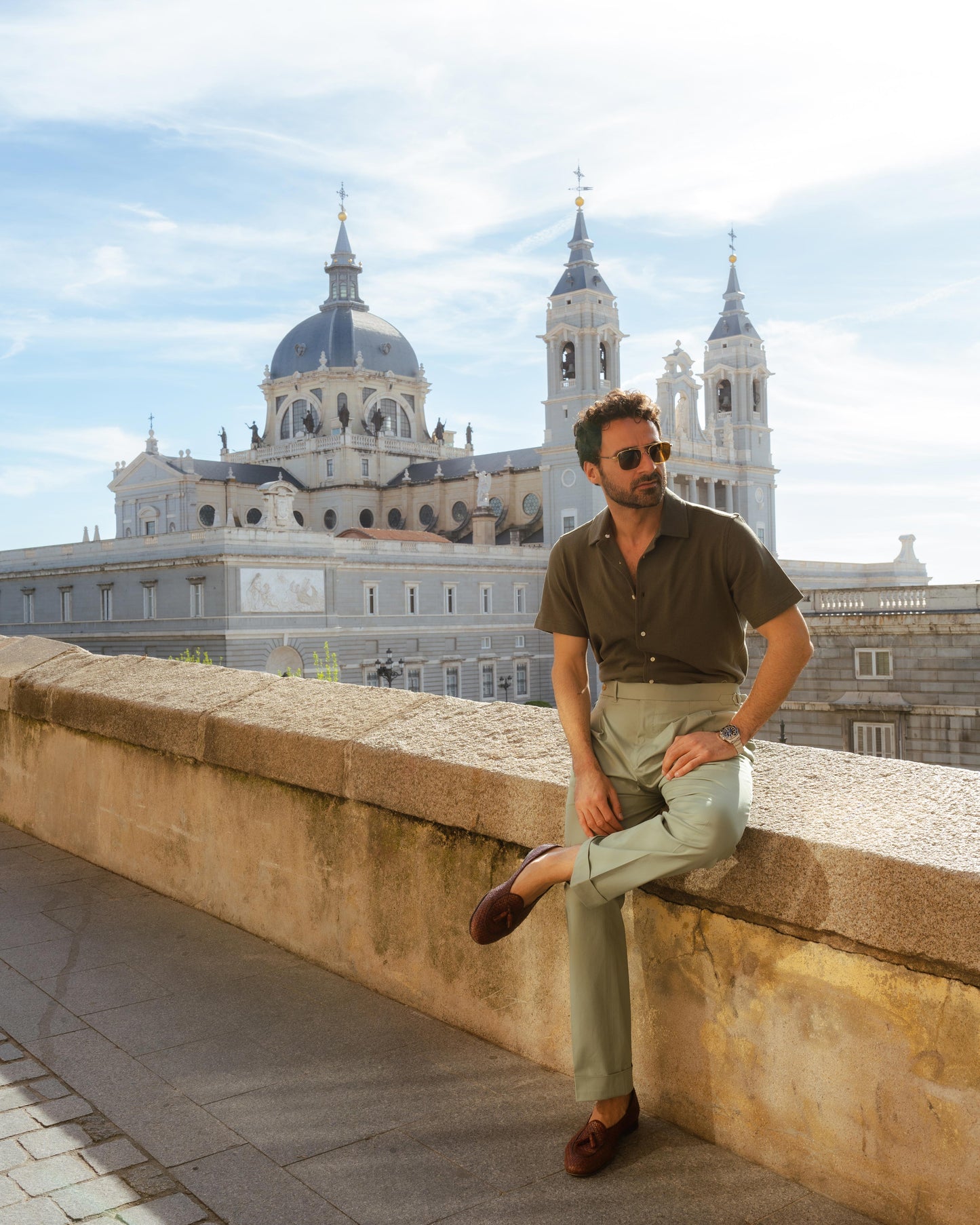 Pleated Pistachio Green Cotton Twill Pant