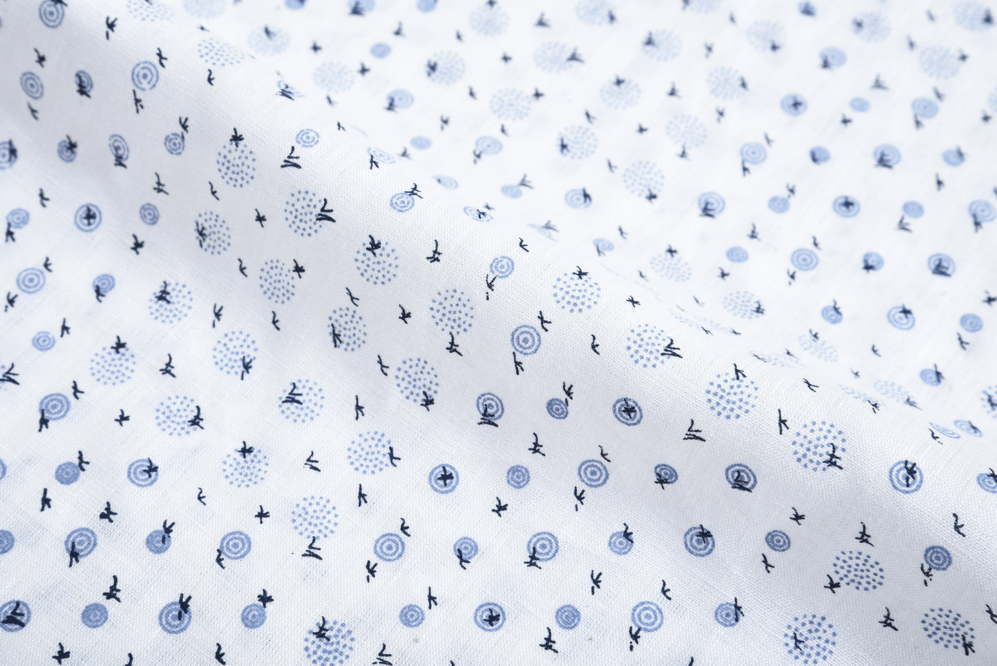 Linen: Blue Printed Birds On White