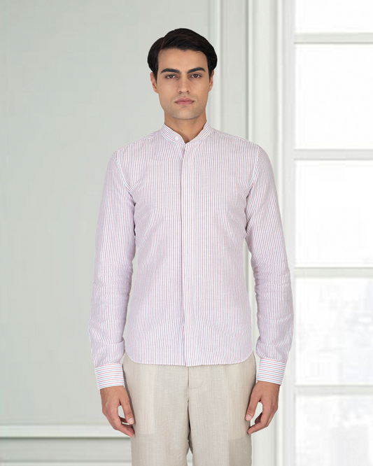 Cotton Linen: Red Blue Alternate stripes On White Shirt