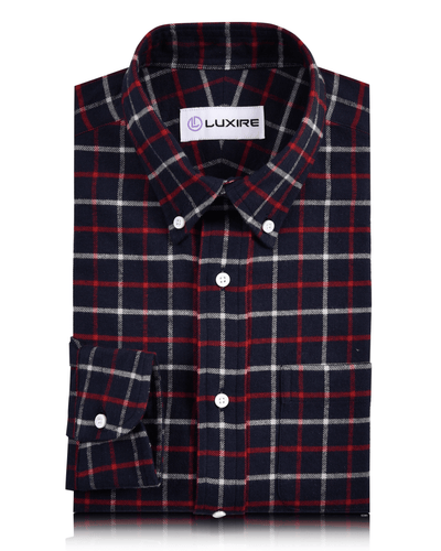 Chemise de travail en flanelle Tattersall rouge et blanche sur fond bleu marine