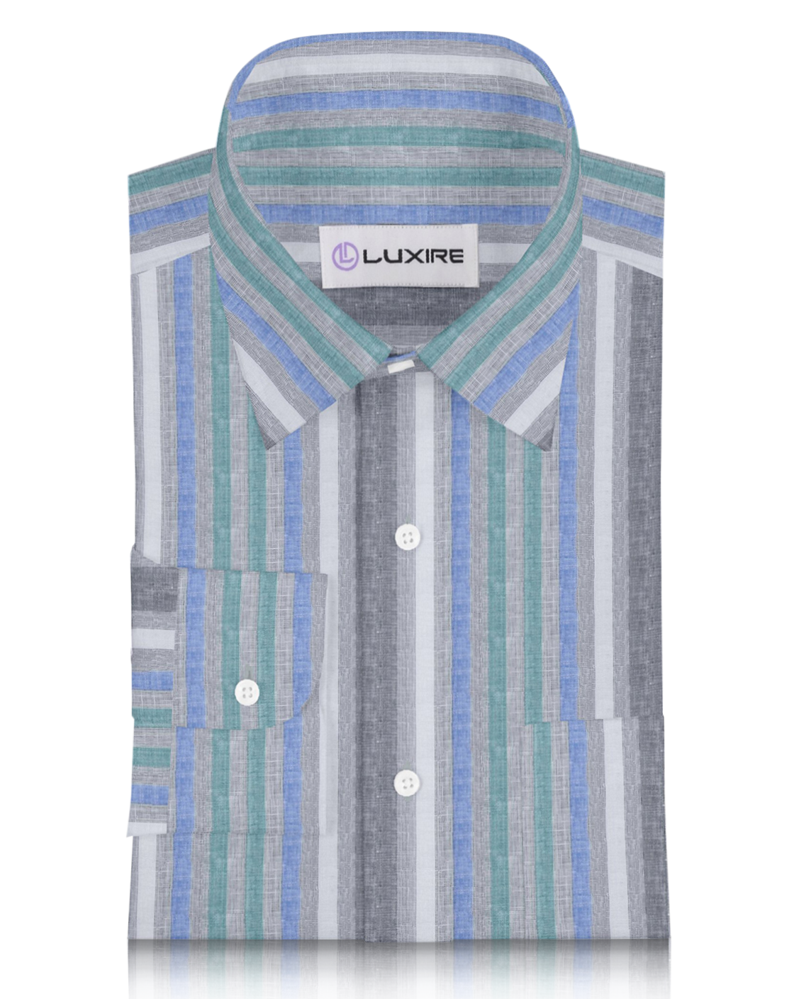 Linen: Green Blue White Tape Stripes On Grey Madras Shirt