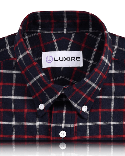 Chemise de travail en flanelle Tattersall rouge et blanche sur fond bleu marine