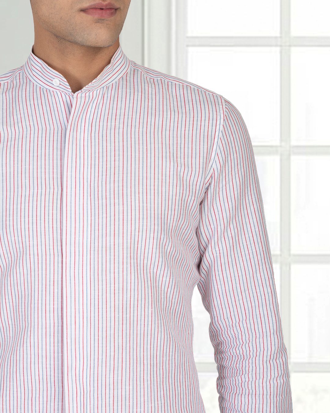 Cotton Linen: Red Blue Alternate stripes On White Shirt