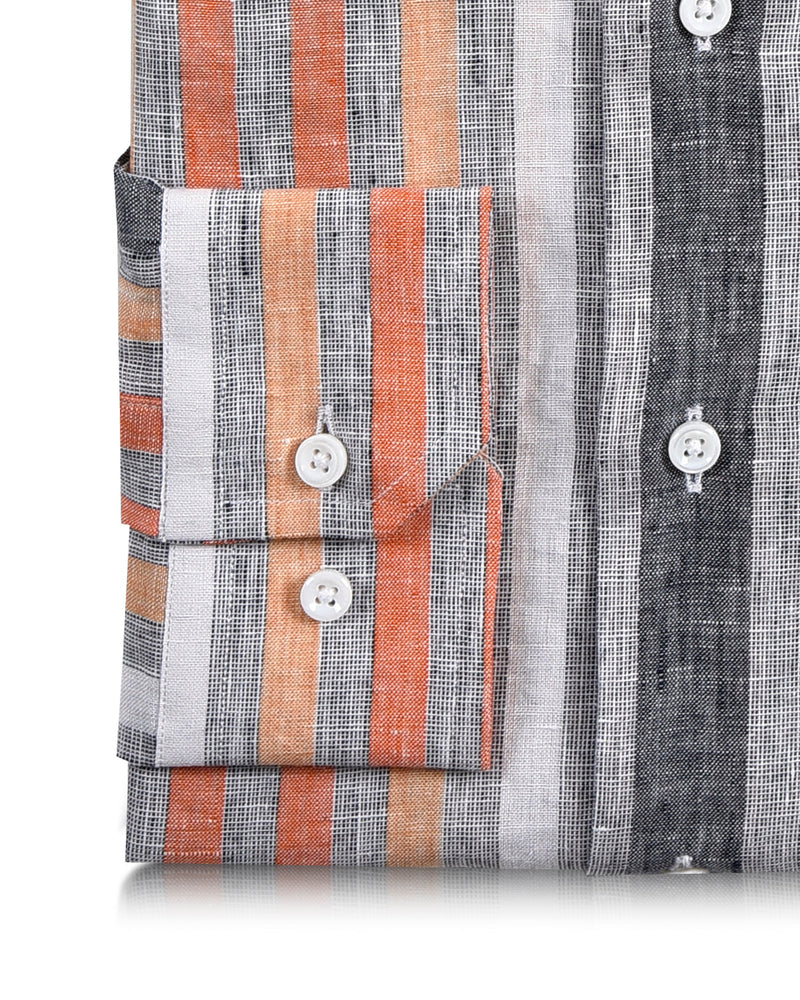 Leinen: Orange Rot Weiß Grau Tape Stripes Madras