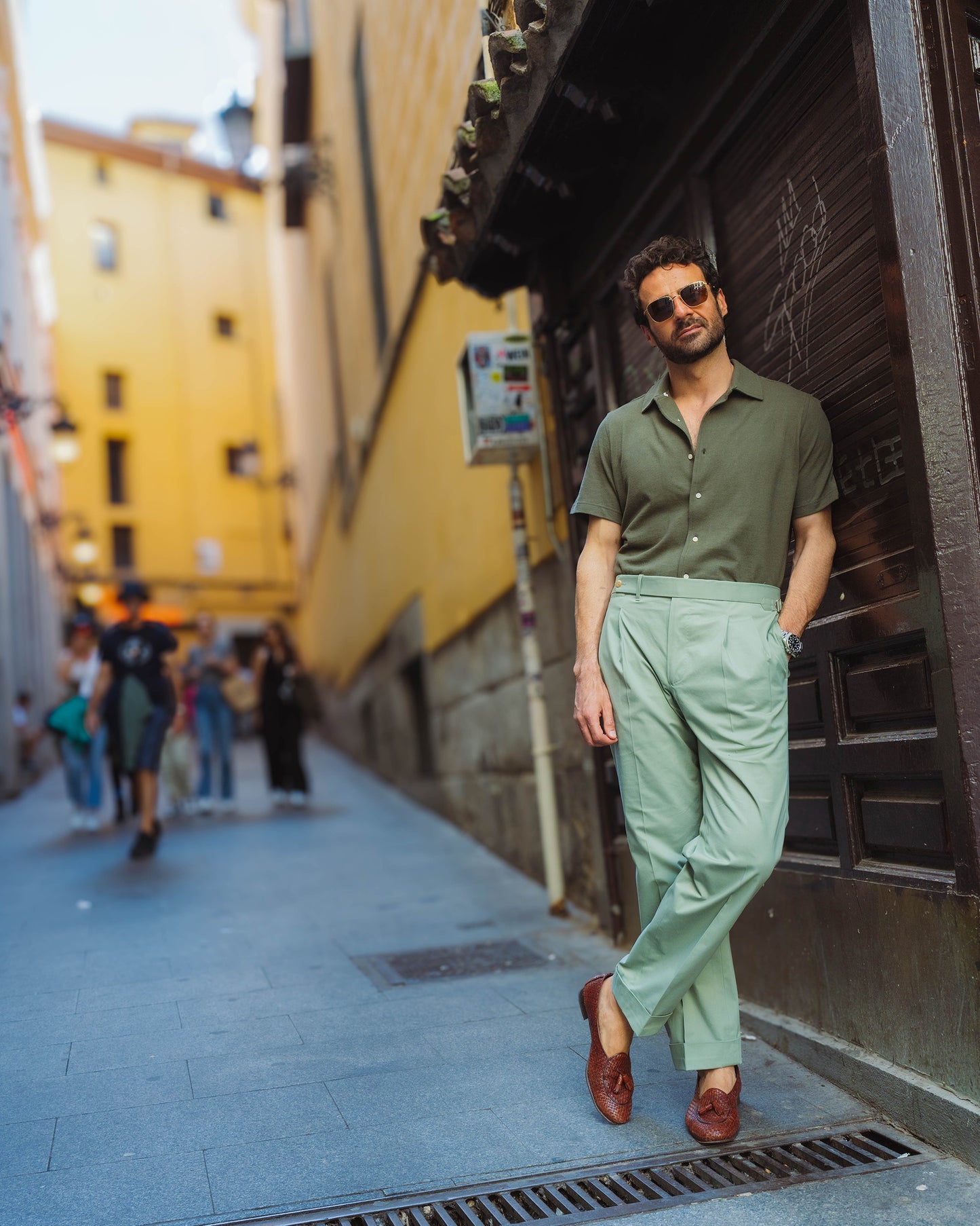 Pleated Pistachio Green Cotton Twill Pant