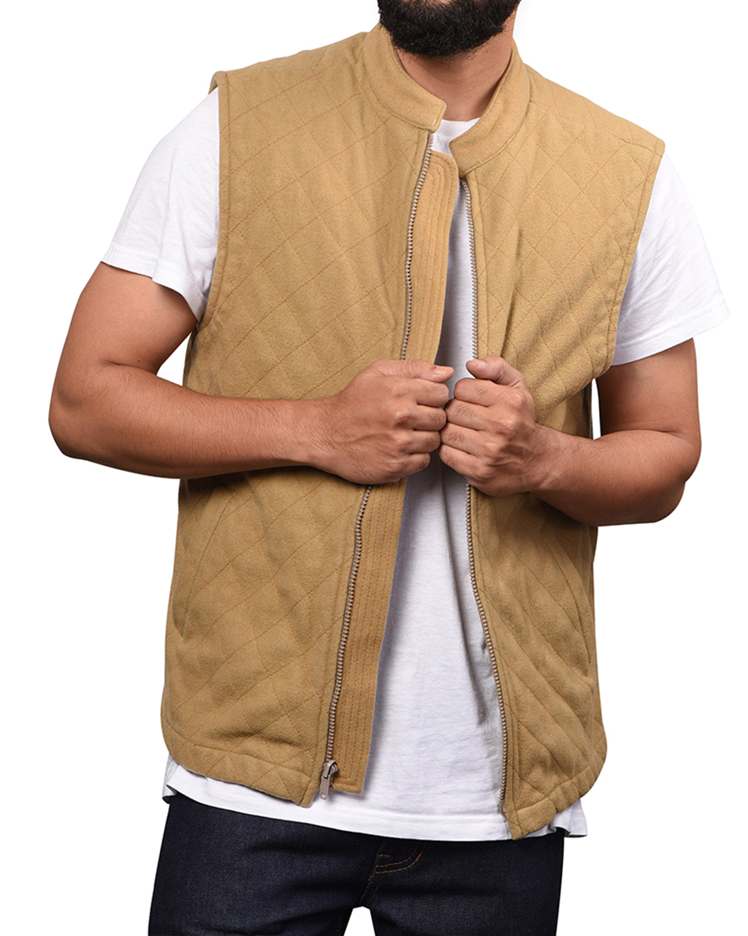 Quilted Gilets in Washable Camel Wool Rich Flannel
