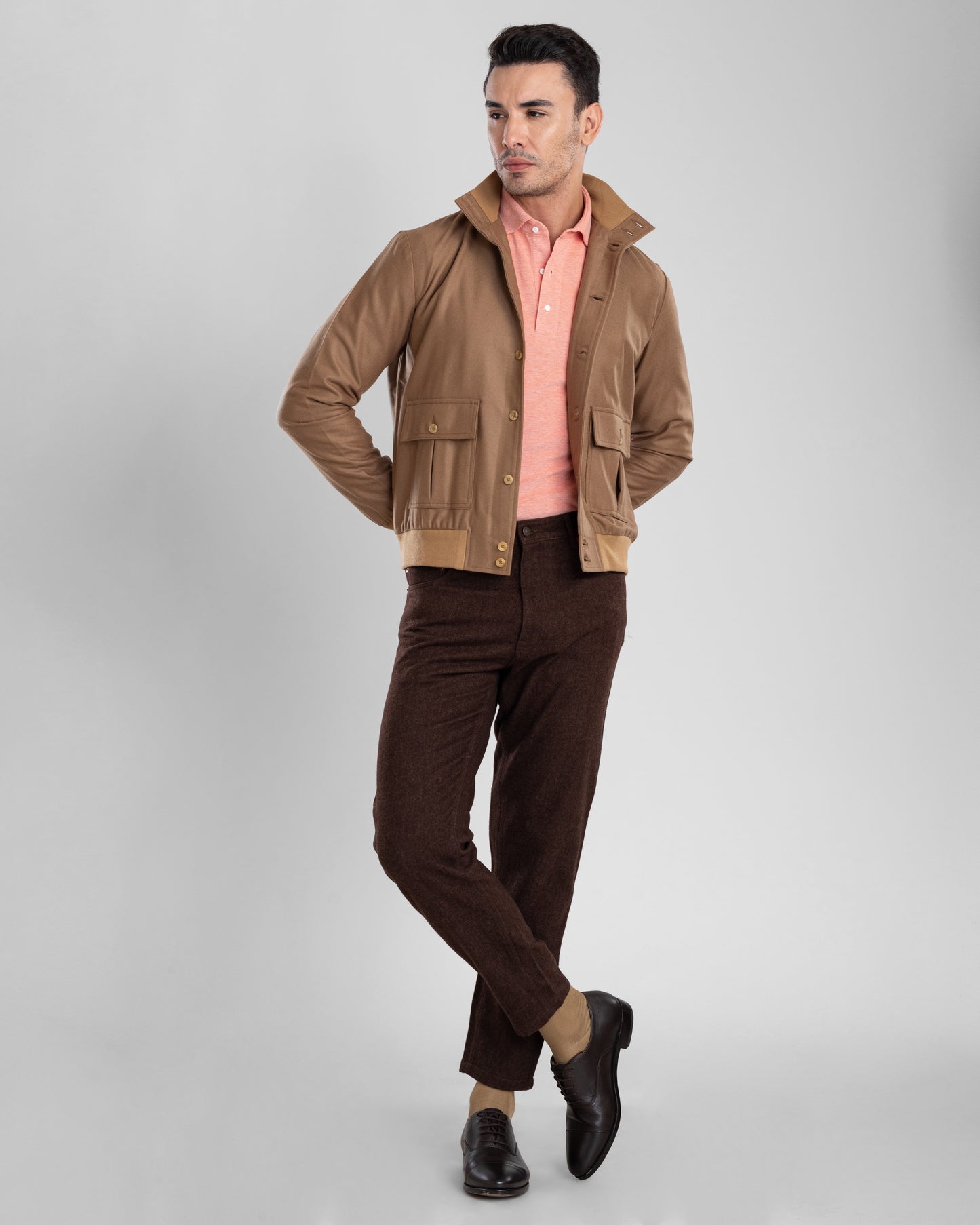 VBC: Sand Woolen Flannel Rib Collar Shirt Jacket