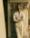 Cream Silk Band Collar Shirt