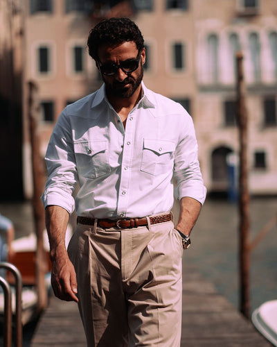 Pantalon plissé en sergé de coton beige