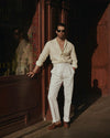 Summer Off-White Shirt in Soft Wash Honeycomb Linen with one piece collar placket