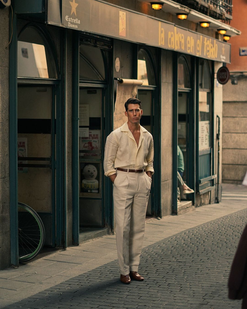 Plissierte Leinenhose im Vintage-Stil, cremefarben, Vogelaugenmuster