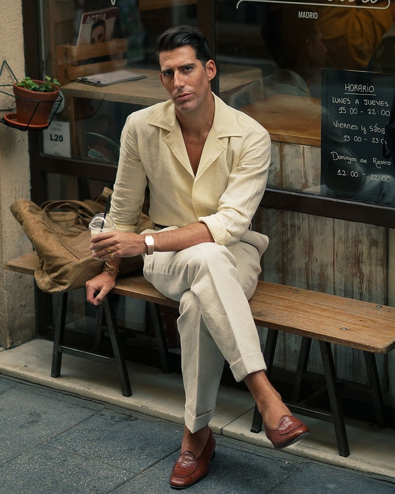Plissierte Leinenhose im Vintage-Stil, cremefarben, Vogelaugenmuster