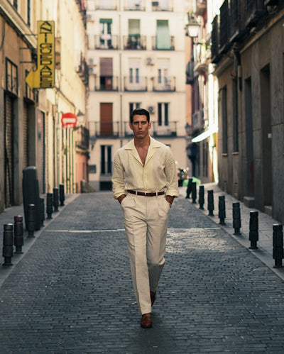 Plissierte Leinenhose im Vintage-Stil, cremefarben, Vogelaugenmuster