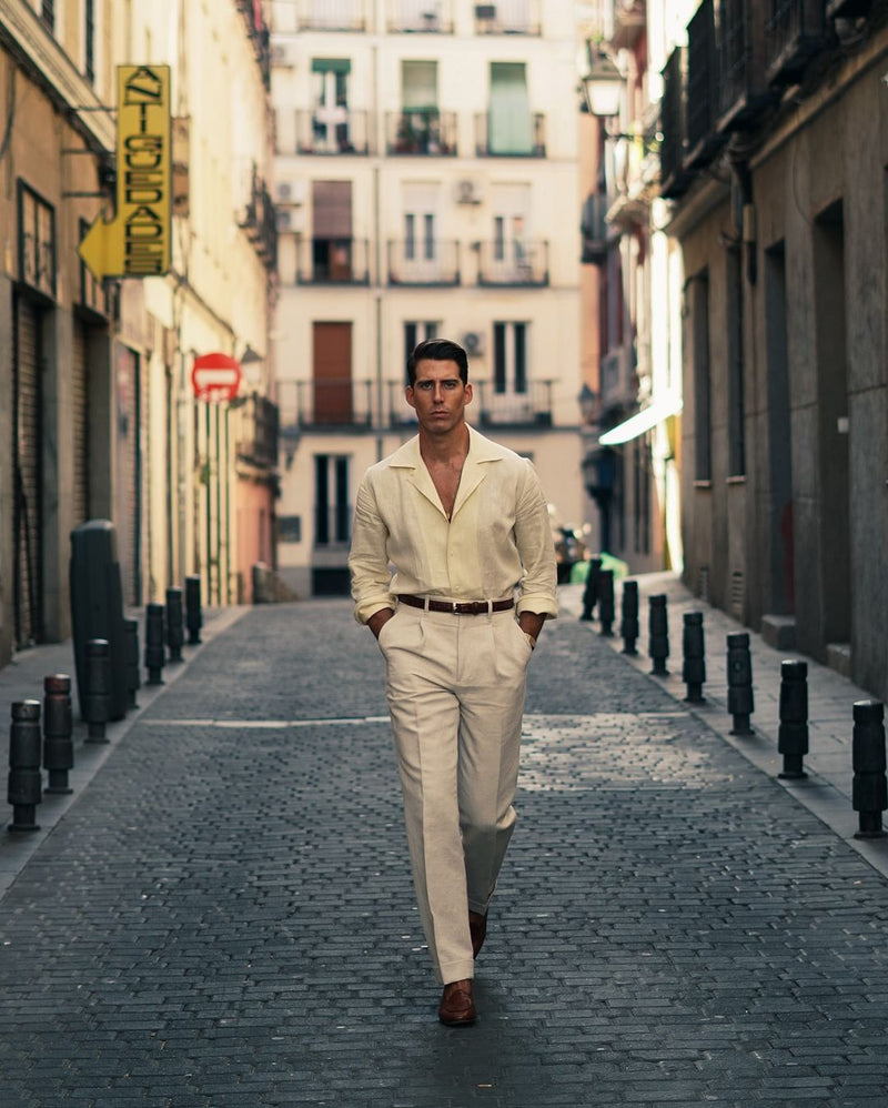 Plissierte Leinenhose im Vintage-Stil, cremefarben, Vogelaugenmuster