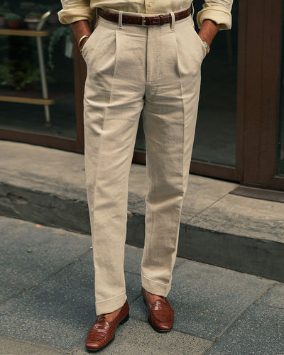 Plissierte Leinenhose im Vintage-Stil, cremefarben, Vogelaugenmuster