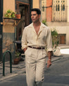 Plissierte Leinenhose im Vintage-Stil, cremefarben, Vogelaugenmuster