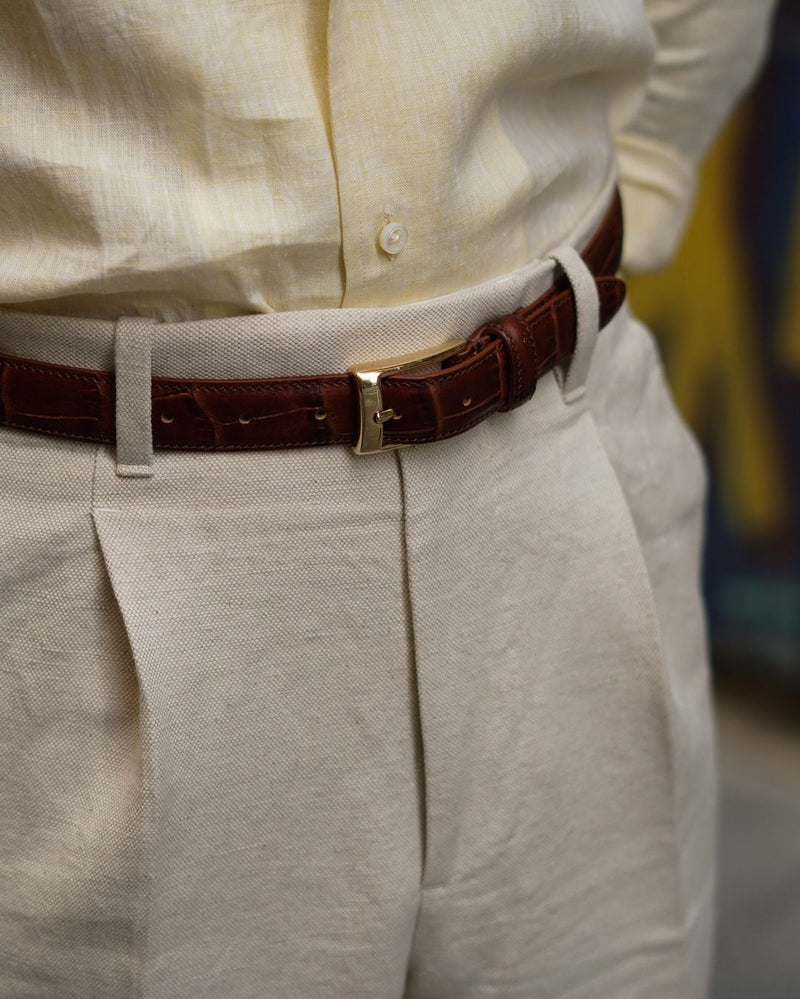 Plissierte Leinenhose im Vintage-Stil, cremefarben, Vogelaugenmuster