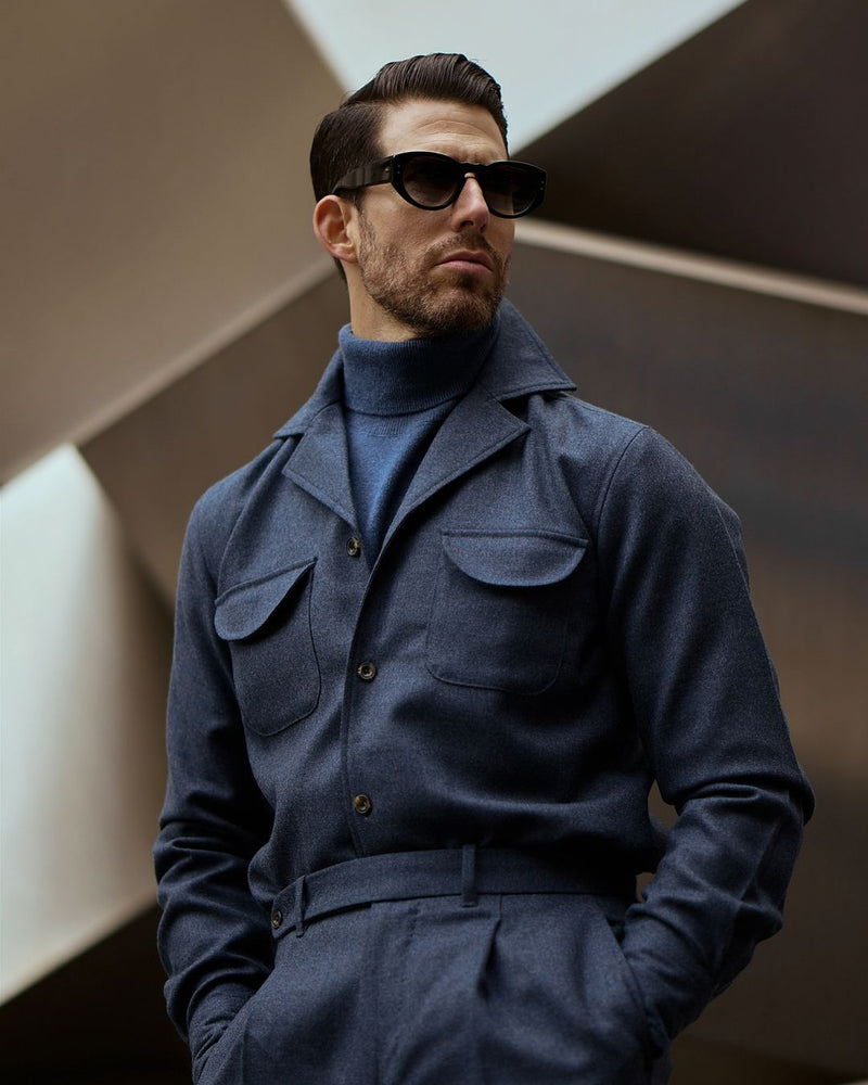 Plissee Dugdale marineblaue Wollflanell-Anzughose mit hohem Bund