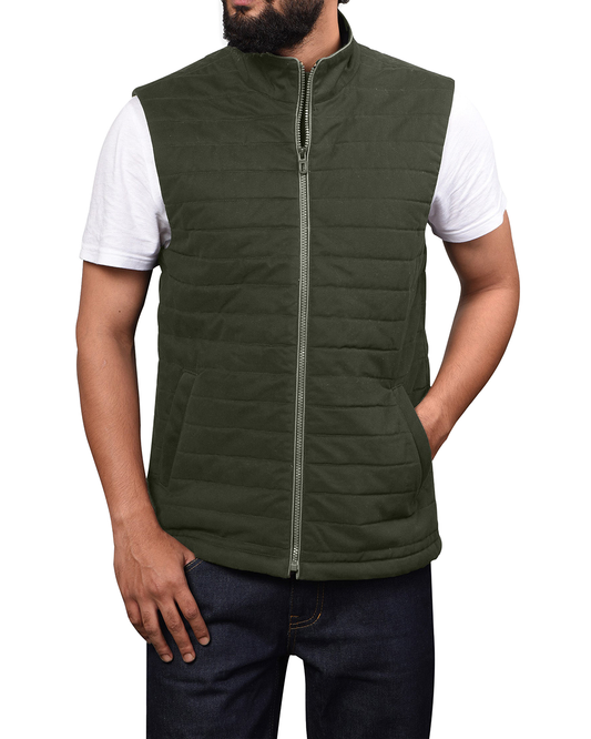 Quilted Gilets in Castor Green Twill