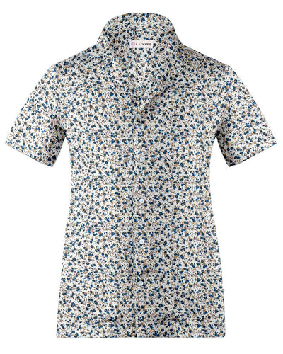 Col cubain PRÉRÉGLÉ en bleu à fines fleurs sur fond blanc
