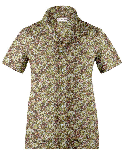 Col cubain PRÉRÉGLÉ STYLE vert olive imprimés bordeaux sur blanc