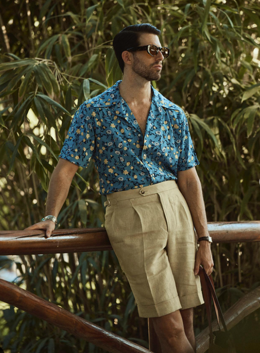 White and Yellow Flower on Light Blue Printed Shirt