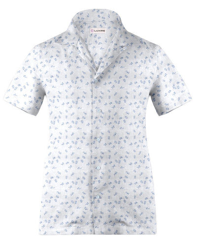 Col cubain PRÉRÉGLÉ en lin : Feuilles imprimées bleu pâle sur fond blanc