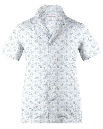 Col cubain PRÉRÉGLÉ en lin : Motifs floraux bleu pâle sur fond blanc