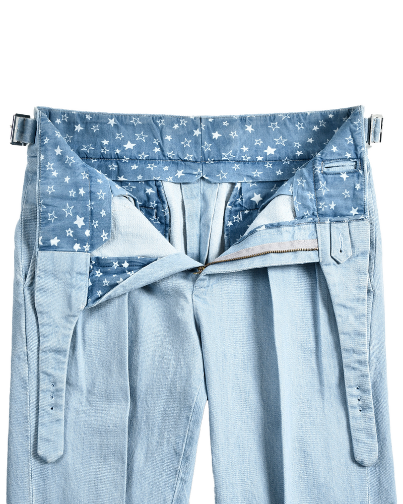 Gurkha-Hose in verwaschenem Blau mit türkisfarbenem Saum