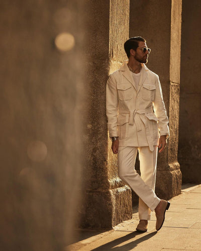 Pantalon Gurkha en toile de lin et coton blanc cassé