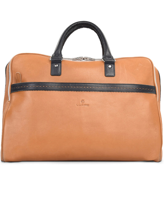 Large Travel Bag in Tan Calf Leather With Navy Trims