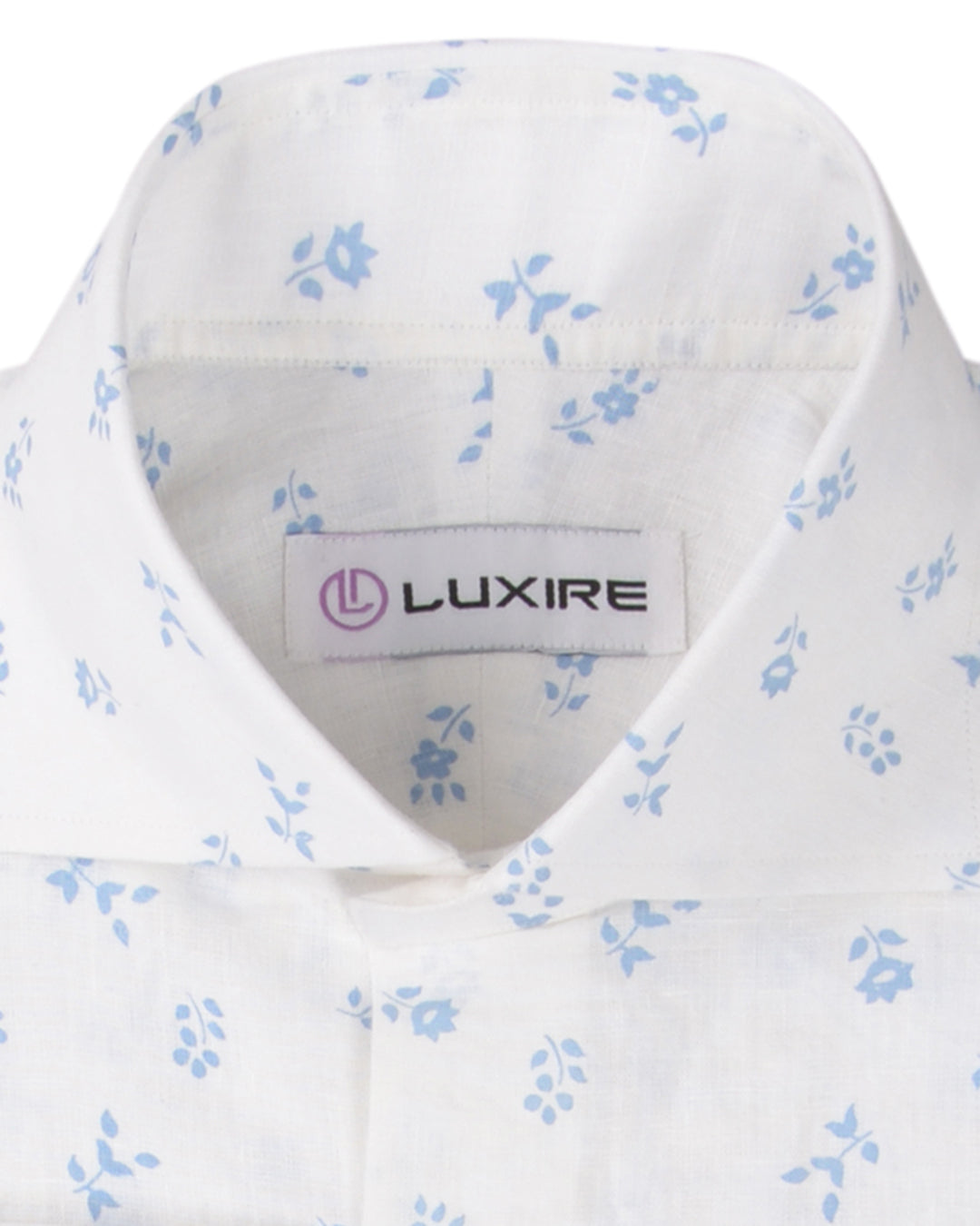 Linen: Pale Blue Printed Leaves On White