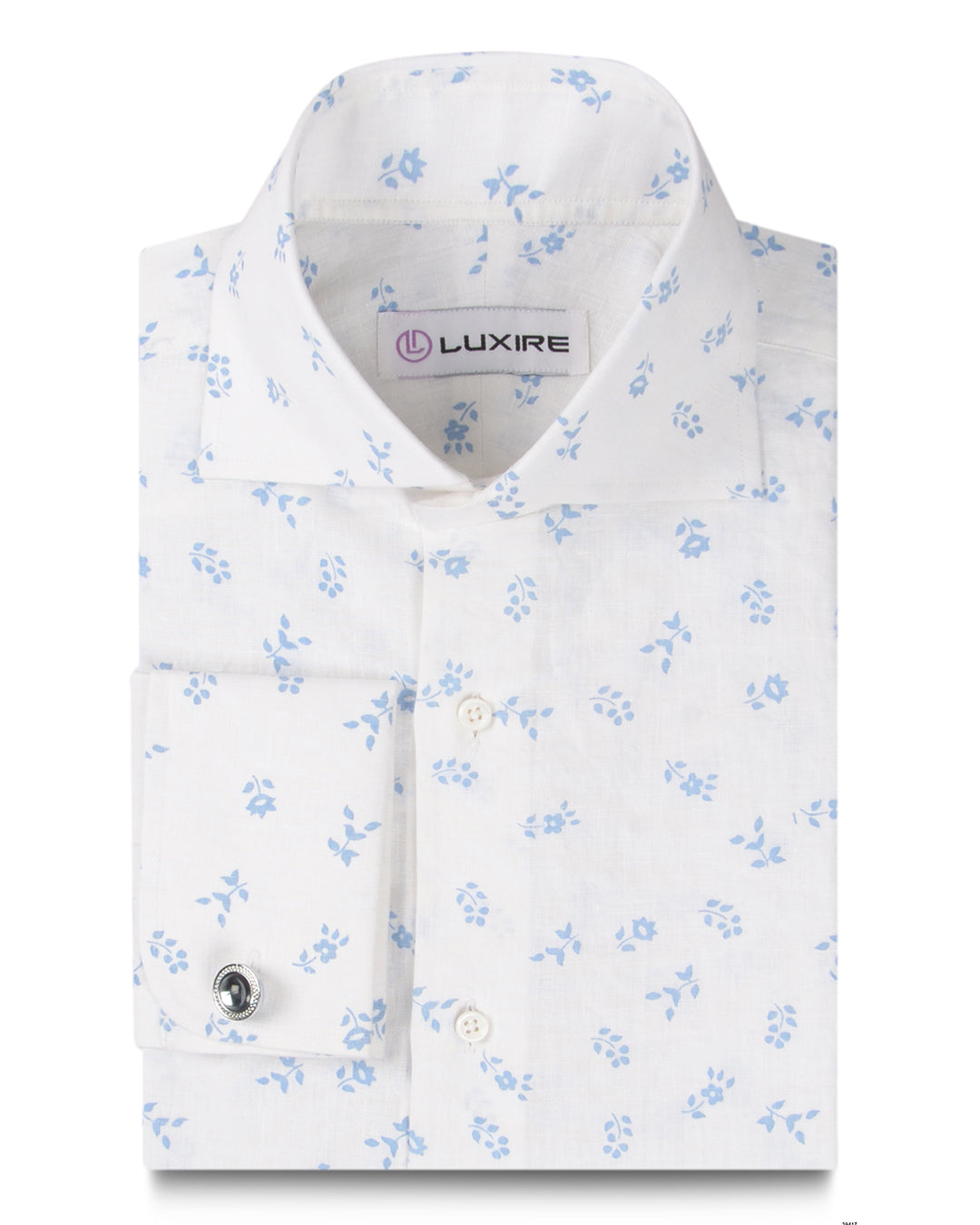Linen: Pale Blue Printed Leaves On White