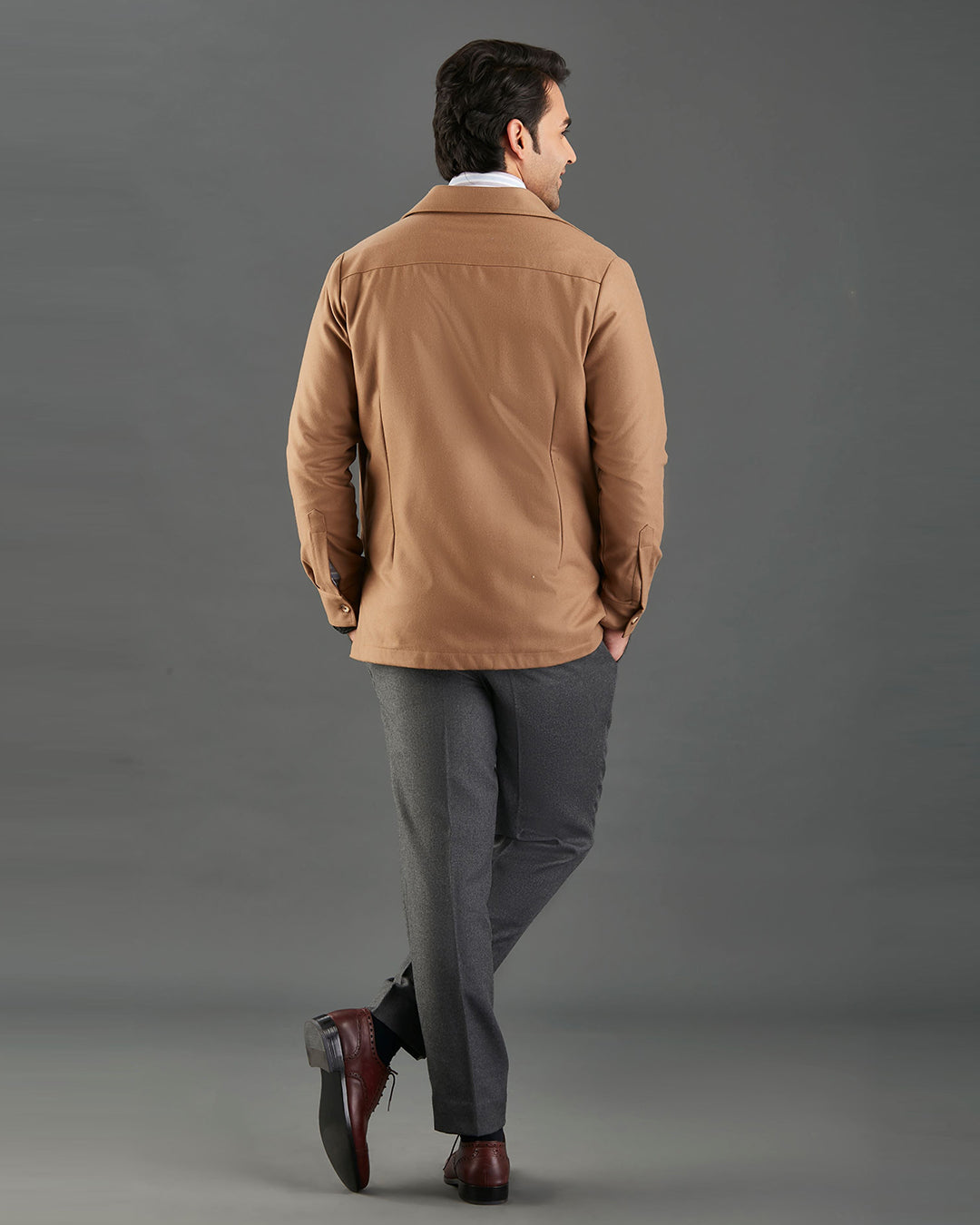 VBC: Sand Woolen Flannel Shirt Jacket