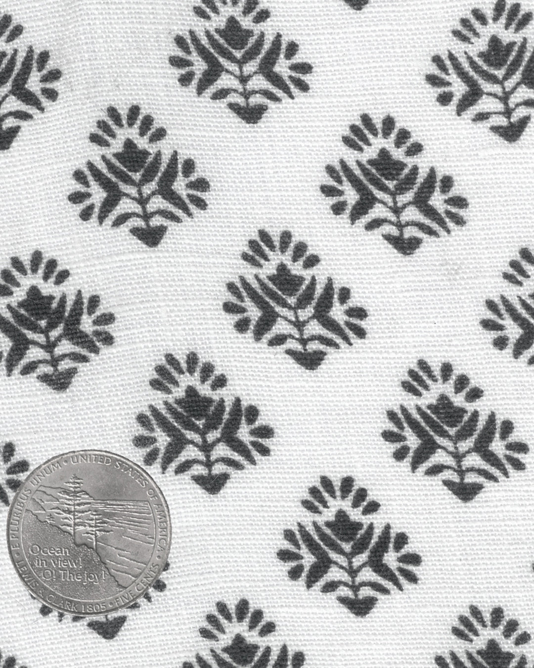 Linen:Black Flowers Printed on White Linen